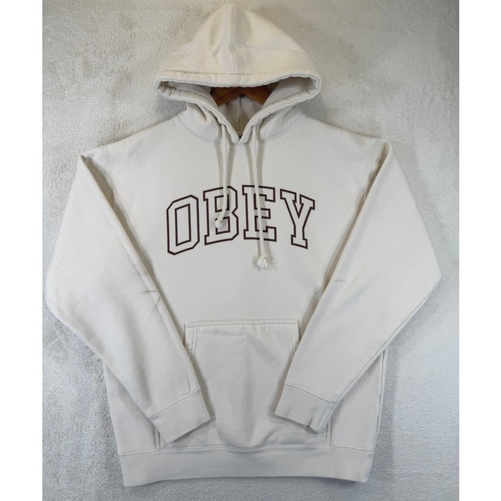 Obey Men's Sz Medium Collegiate Logo Pullover Hoodie Cream Off White Streetwear